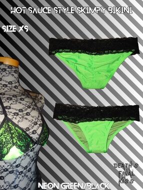 RARE Hot Sauce Style Neon Green Black Lace String Skimpy Cheeky Bikini Sexy XS
